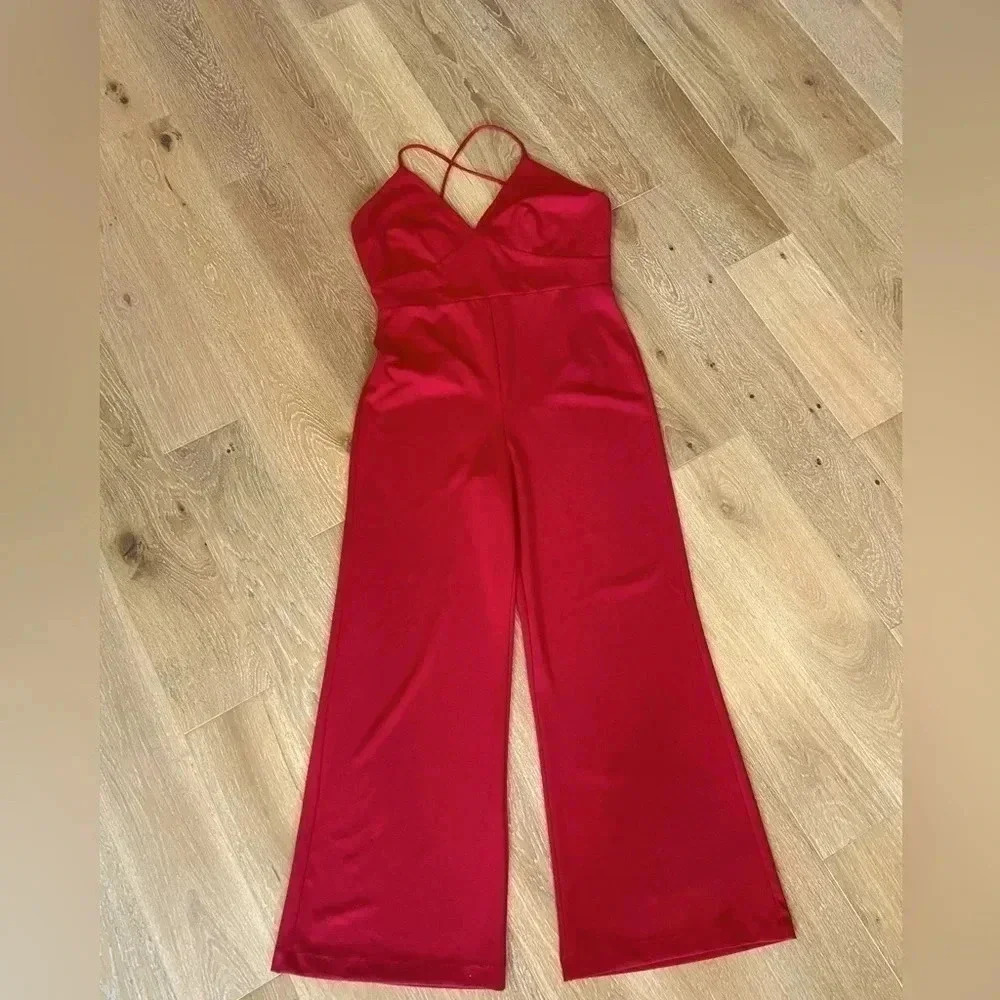 Free Press Women's Size XL Red Jumpsuit Crisscross Spaghetti Straps Wide Leg